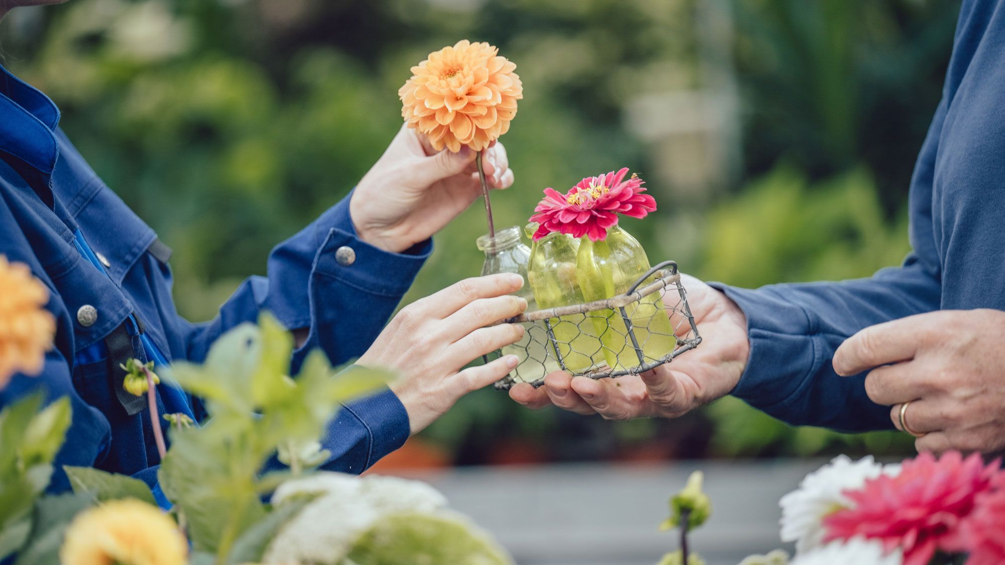 Nahaufnahme von zwei Paar Händen: Eine Person hält eine Vase, während die andere Blumen hineinsteckt