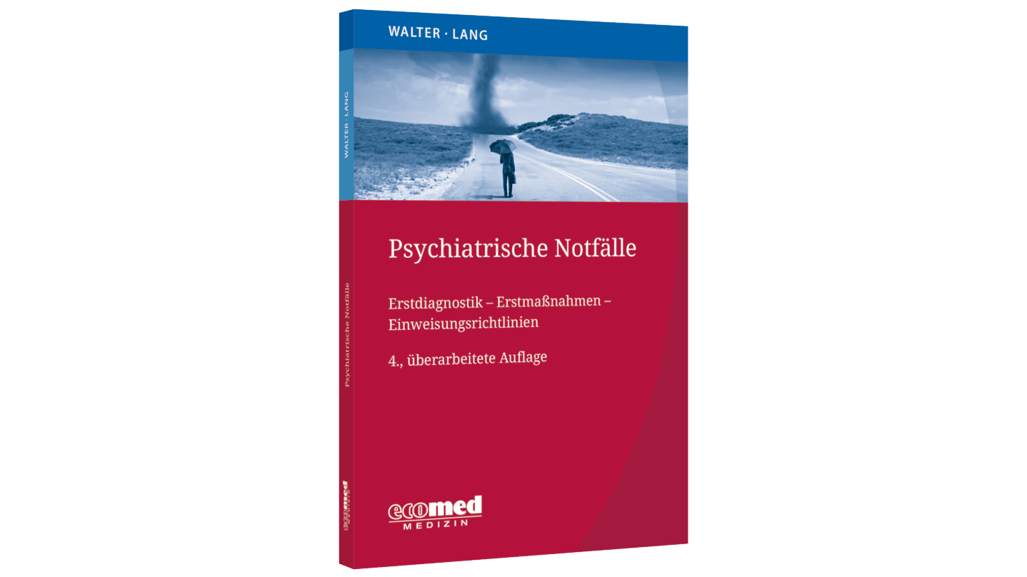 Cover des Buches "Psychiatrische Notfälle", auf dem eine Person mit Schirm einem Tornado entgegenblickt