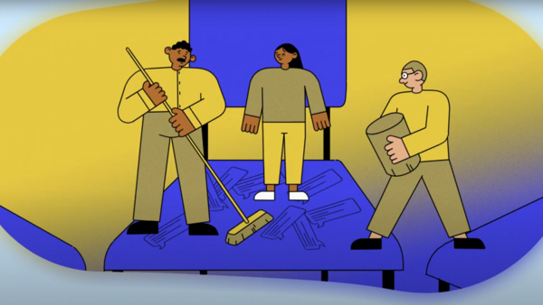 Illustration in der zwei Gruppenmitgliedern einem Betroffenen beim Aufräumen helfen